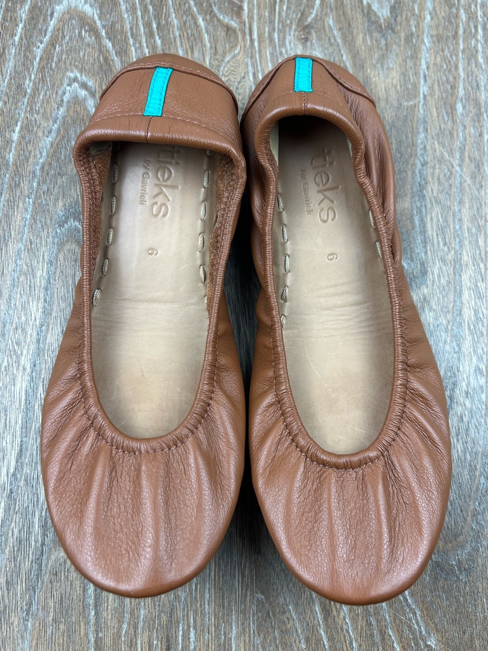 600 Tieks chestnut  Leather Ballet Flats with Teal Tab 6